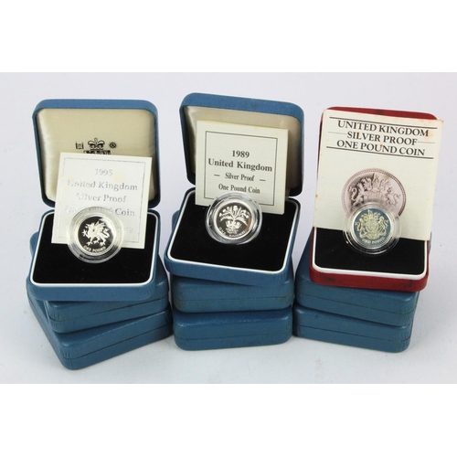 601 - GB Royal Mint silver proof £1 coins (9): 1983, 1988, 1989, 1990, 1991, 1994, 1995 x2, and 1998; nFDC... 