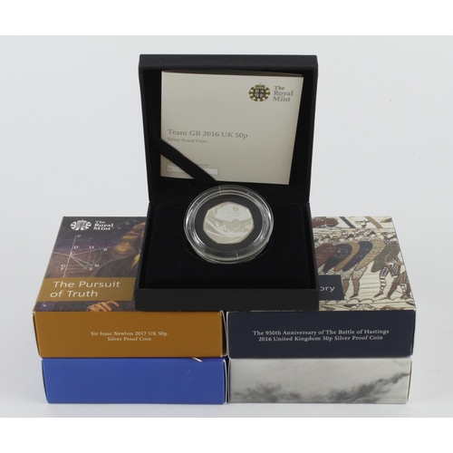 608 - GB Royal Mint silver proof 50p's (5): 2014 Glasgow Commonwealth Games, 2015 Battle of Hastings, 2015... 