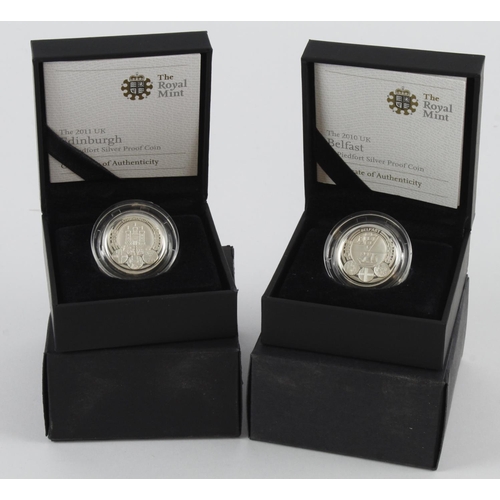 613 - GB Royal Mint silver proof piedfort £1 coins (4) 2010 and 2011, all four city issues: London, Belfas... 