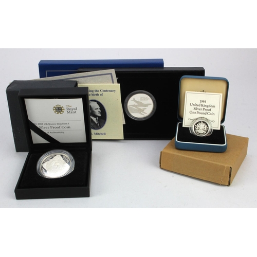 618 - GB Royal Mint silver proofs (4): Crown 2008 Elizabeth I aFDC cased with cert and box, £2 2001 Marcon... 