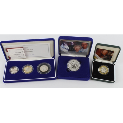 620 - GB Royal Mint silver proofs (5): 2003 Piedfort 3-Coin Collection (£1, DNA £2 and Suffragette 50p) nF... 