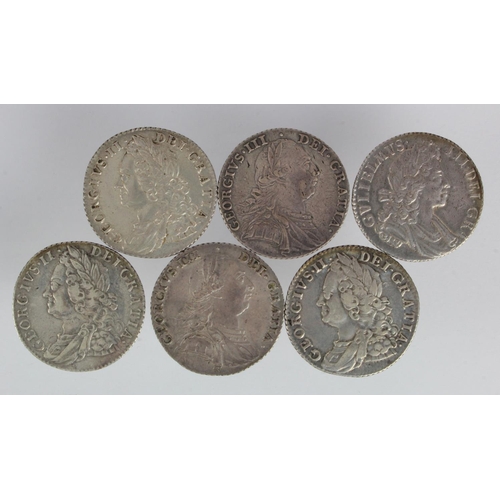 624 - GB Shillings (6) early milled: 1700 S.3516 GVF light haymarks, small file mark on edge; 1758 x3: Cle... 