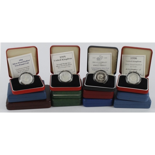 654 - GB Silver Proof issues (12) Crowns 1972 x2 & 1977. Two Pound Piedforts 1989 two-coin set, 1994 