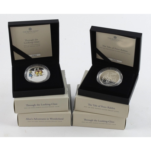 656 - GB Silver Proof One-ounce issues (4) All 2021 Peter Rabbit, Through the Looking Glass x2 & Alices Ad... 