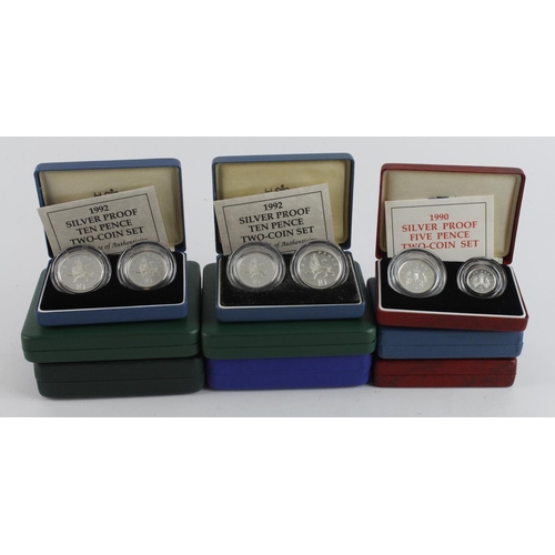 659 - GB Silver Proof Two-coin sets (9). Five Pence 1990 x2, Ten Pence 1992 x3, Fifty Pence 1997, 1998 