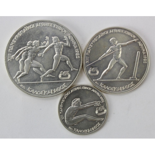 678 - Greece, Pan European Games silver coins (3): 100 Drachmas 1981 UNC, 250 Drachmas 1981 UNC, and 500 D... 