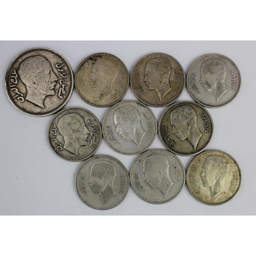 682 - Iraq silver coins (10) 1930s, 9x 50 Fils, and one Riyal 1932, mixed grade.