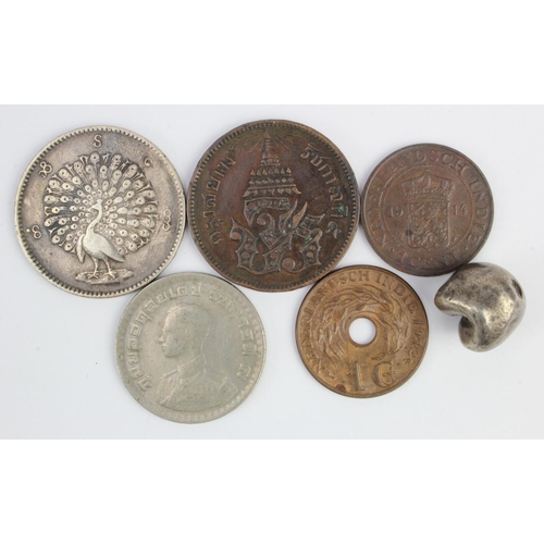 699 - Southeast Asia (6) assortment of coins 19th-20thC including Siam (Thailand) silver bullet coin 15.21... 