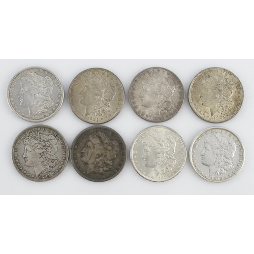 707 - USA Morgan Dollars (8) 1878, bright VF, 1883 GEF, 1884 GF, 1884o EF, 1891o Fine, 1904 GVF & 1921 x2 ... 