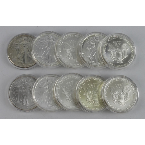 708 - USA Walking Liberty Dollars (10) 1986, 87, 88, 89, 90, 91, 92, 93, 94 & 1995. BU in hard plastic cap... 