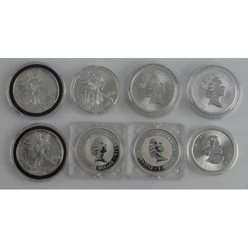 712 - World 1oz coins (8) USA Walking Liberty x3, Canada Maple Leaf, Australia Kookaburra x2 & Kangaroo x2... 