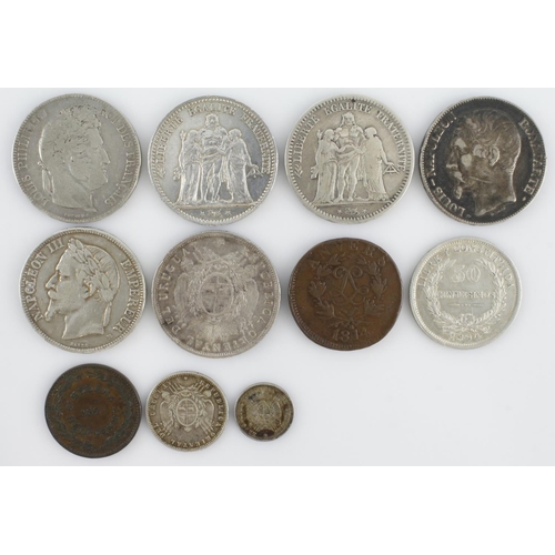 720 - World Coins: France etc (7) mostly crown-size silver: 5 Francs: Louis Philippe 1842A F/GF, 2nd Repub... 