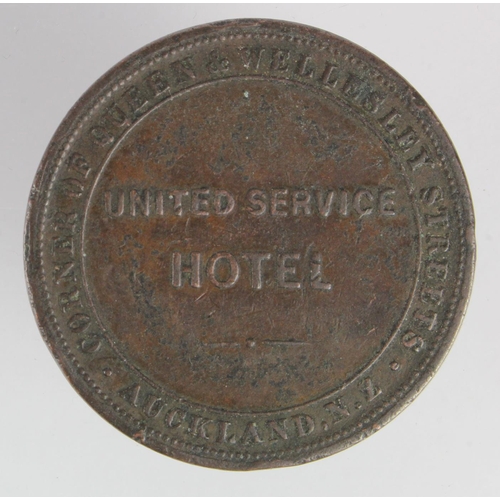 823 - New Zealand Penny Token 1874, United Service Hotel, Auckland, VF, a few marks.