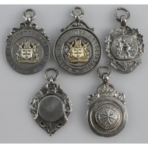 827 - Silver medals/fobs (5) - various British hallmarks.  Total weight 48.4gms