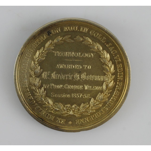 829 - Technology silver gilt medal awarded to Frederick H. Bowman, Session 1857-58, weighs 35.5gms