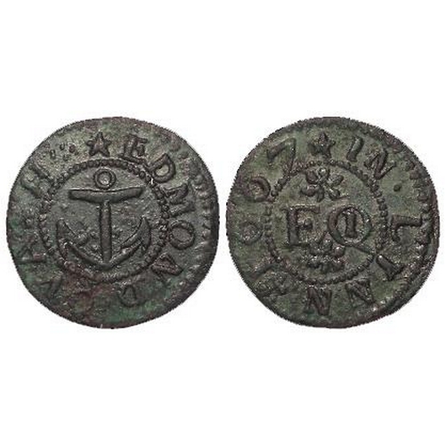 832 - Token, 17thC Norfolk: Lynn Regis (Kings Lynn), Edmond Quash 1/4d 1667, anchor, D#92, rare, Fine.