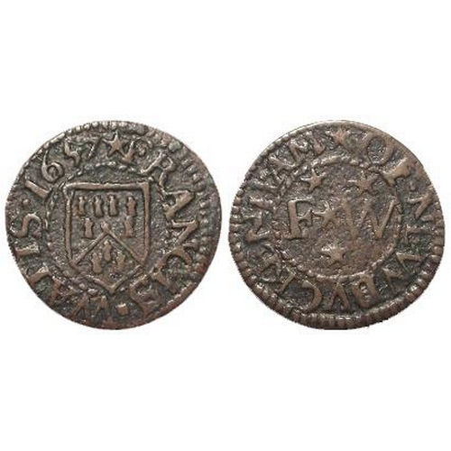 833 - Token, 17thC Norfolk: New Buckenham, Francis Watts 1/4d 1657, grocer, D#109, scarce, Fine.