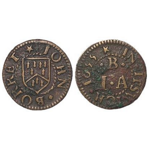 839 - Token, 17thC Suffolk: Ipswich, John Borret 1/4d 1655, grocer, D#163, rare, GF/F, light corrosion rev... 