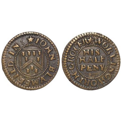 842 - Token, 17thC Suffolk: Worlingworth, John Blumfeild 1/2d, grocer, D#373, VF, superb example.