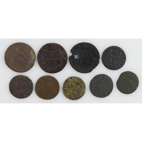 861 - Tokens, 17thC Essex (9): Saffron Walden: Samuell Leader 1/4d 1653, tobacco pipes, D#274, Fair; Anne ... 