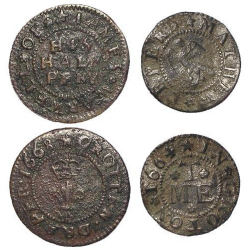 882 - Tokens, 17thC Suffolk, Groton (2): Mathew Teper 1/4d 1664, eagle, D#134, Fine; and James Warwell 1/2... 