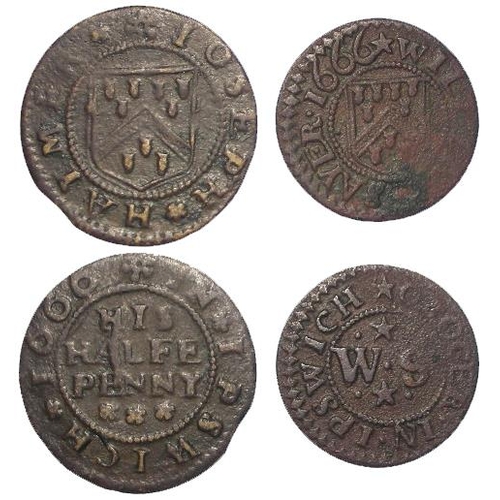 884 - Tokens, 17thC Suffolk, Ipswich (2): Joseph Haymer 1/2d 1666, grocer, D#181/2, Fine; and William Saye... 