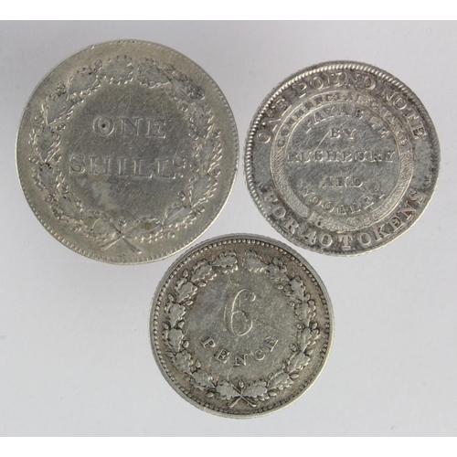 902 - Tokens, 19thC silver, Staffordshire (3): Bilston: Rushbury & Woolley Sixpence 1811, D#3, VF; Fazeley... 