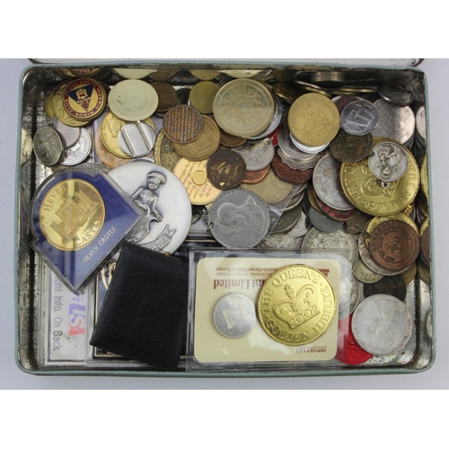 906 - Tokens, medallions, counters and copies (174) in a tin.