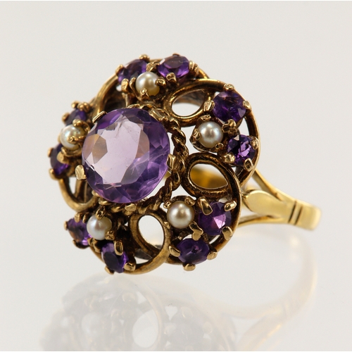 104 - Yellow gold (tests 18ct) amethyst and cultured pearl cluster ring, principle amethyst measures 8mm, ... 