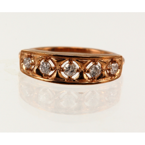 105 - 9ct rose gold diamond dress ring, five round brilliant cuts TDW approx. 0.30ct, head width approx. 6... 