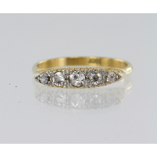 106 - Yellow gold (tests 18ct) diamond boat shaped ring, five graduating old cut diamonds TDW approx. 0.34... 