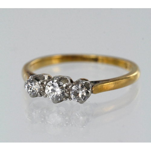 108 - Yellow gold (tests 18ct) diamond trilogy ring, three graduating round brilliant cuts, TDW approx. 0.... 