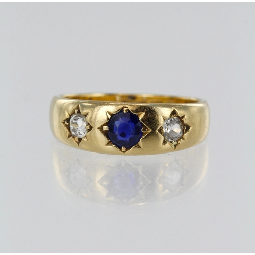 113 - 18ct yellow gold Victorian diamond and sapphire gypsy ring, one round sapphire measures 4mm, two old... 