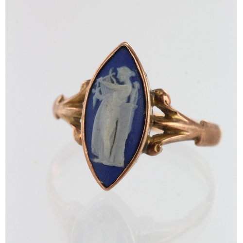 114 - 9ct rose gold antique Wedgewood cameo ring, marquise shape table measures 17mm x 8mm, hallmarked Che... 