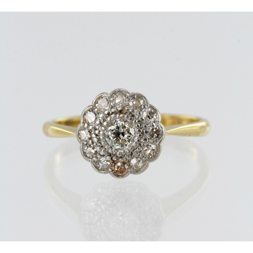 120 - Yellow gold (tests 18ct) vinatge diamond daisy cluster, principle round brilliant cut approx. 0.13ct... 