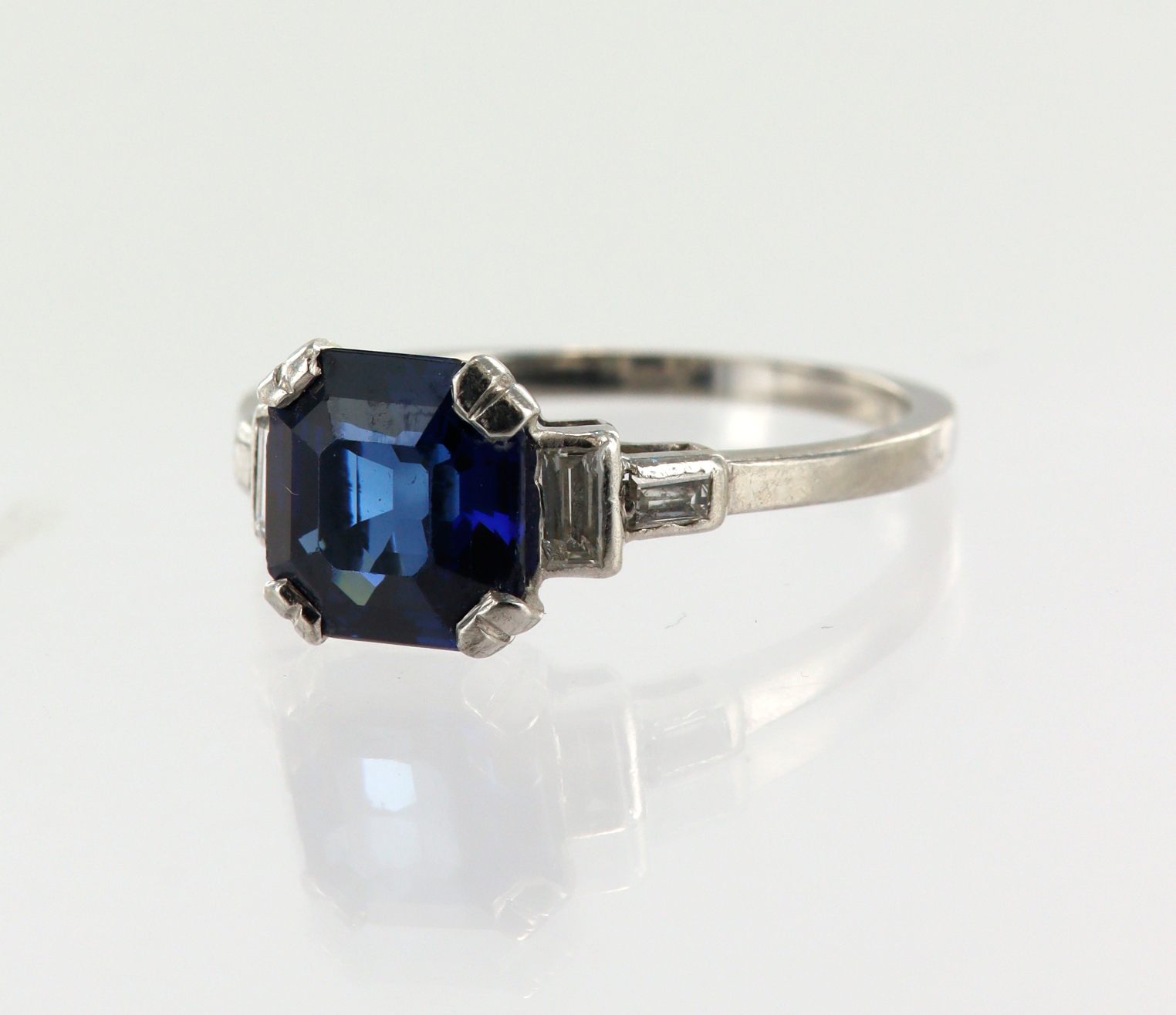 Platinum (tests 950) diamond and synthetic sapphire ring, syn. sapphire ...