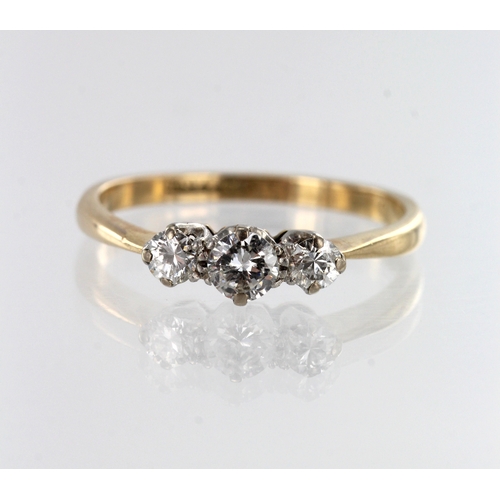 147 - Yellow gold (tests 18ct) diamond trilogy ring, three graduating round brilliant cuts, TDW approx. 0.... 