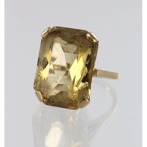 181 - 9ct yellow gold citrine cocktail ring, citrine measures 20mm x 15mm, finger size P/Q, weight 7.5g.