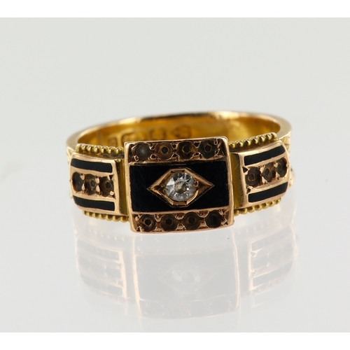 189 - 15ct yellow gold Victorian mourning ring, set with one old cut diamond approx. 0.08ct, decorated wit... 