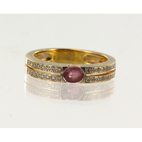 194 - 18ct yellow gold diamond and pink sapphire band, one oval sapphire approx. 5mm x 4mm, two diamond se... 