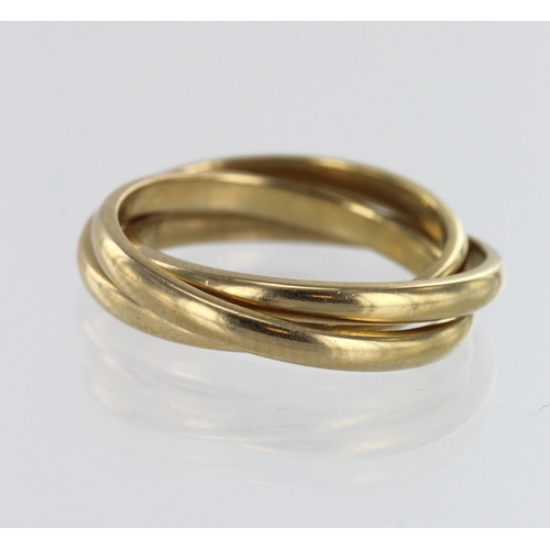 199 - 9ct yellow gold Russian wedding ring, three intwined yellow gold 2mm bands, finger size K, weight 4.... 