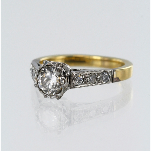 254 - Yellow gold (tests 18ct) vintage diamond solitaire ring, one round brilliant cut approx. 0.69ct, est... 