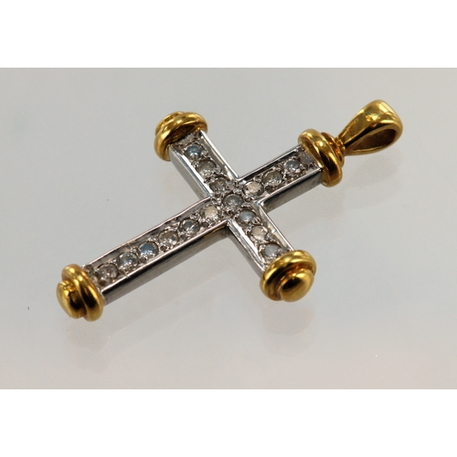 328 - Yellow and white gold (tests 18ct) diamond set cross pendant, set with sixteen round brilliant cuts ... 