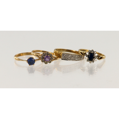 329 - Four 9ct gold/tests 9ct dress rings, stones include diamond, sapphire, tanzanite, amethyst, finger s... 