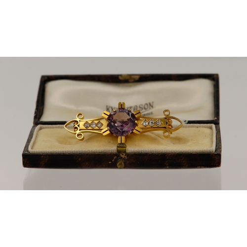 341 - Yellow gold (tests 18ct) antique diamond and amethyst bar brooch, round amethyst diameter 10mm, set ... 