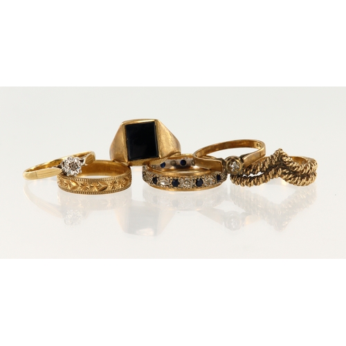 342 - Six 9ct yellow gold rings, stones include diamond, sapphire, onyx, finger sizes L/M, Mx2, Nx2, N/O, ... 