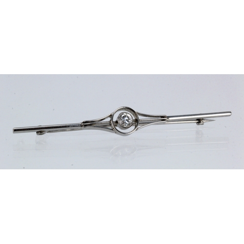 344 - White gold (tests 18ct) vintage diamond bar brooch, one diamond approx. 0.20ct, brooch length 60mm, ... 