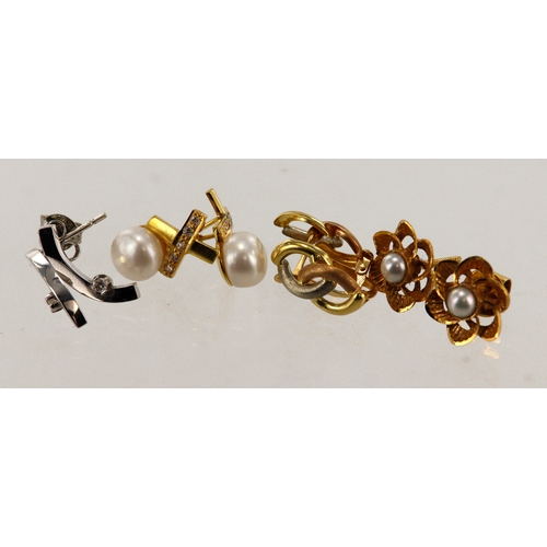 345 - Four pairs of 18ct gold/tests 18ct earrings, stones include diamond, cultured pearl, fresh water pea... 