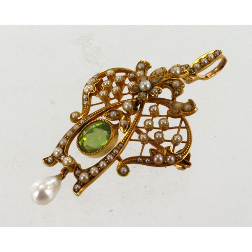 347 - Yellow gold (tests 15ct) antique peridot and seed pearl lavalier pendant/brooch, peridot measures 7.... 