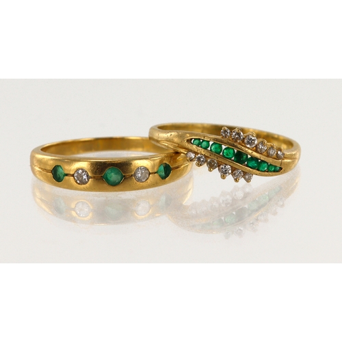 349 - Two 18ct gold/test 18ct diamond and emerald rings, finger sizes S/T, T/U, total weight 7.5g.